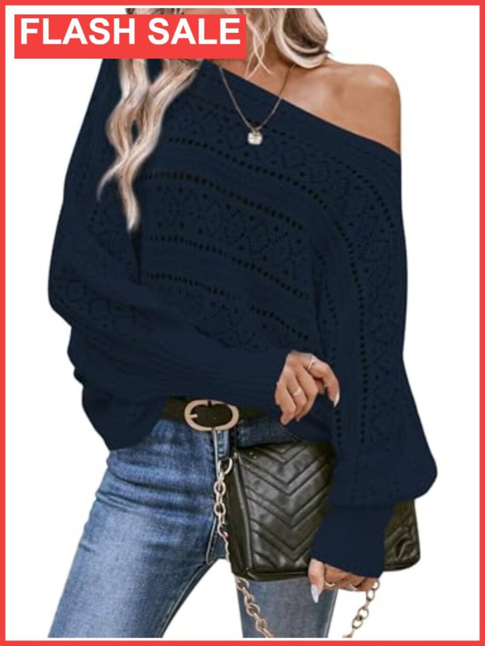 Off Shoulder Crochet Knit Pullover Sweater Oversized Batwing Sleeve
